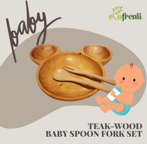 Teak Wood Baby Dish Spoon Fork Set - Ecofrenli.com